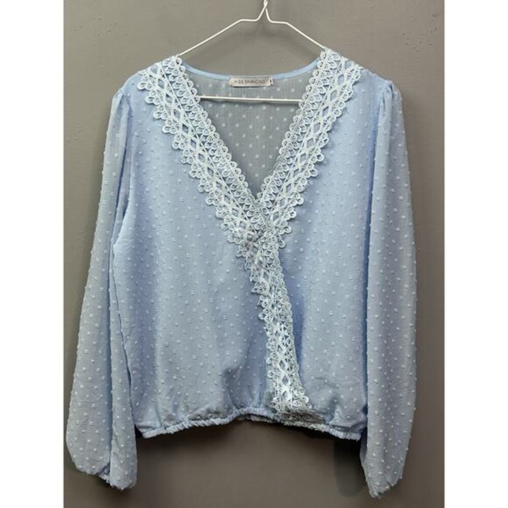 Miss Sparkling V-Neck Blouse Swiss Dot Fabric Wrap Blouse Womens Small Blue